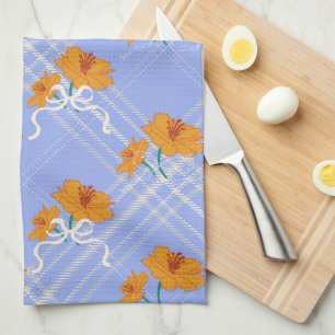 Cute Orange Flower Seamless on Plaid Blue Tea Towel