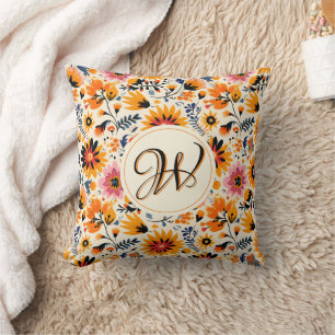 Cute Orange Flowers Mexican Folk Cushion