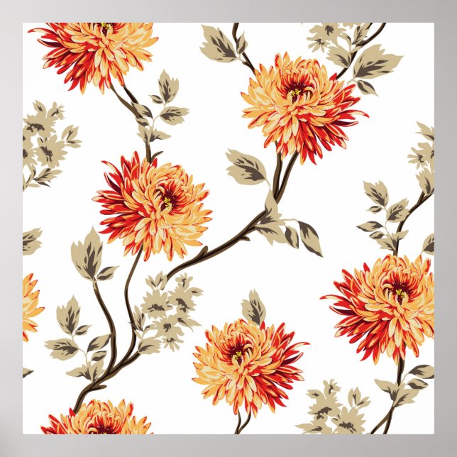 cute orange flowers with brown leaves pattern of w poster (Front)