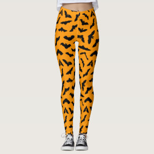 Cute Orange Flying Bats Pattern Halloween Leggings