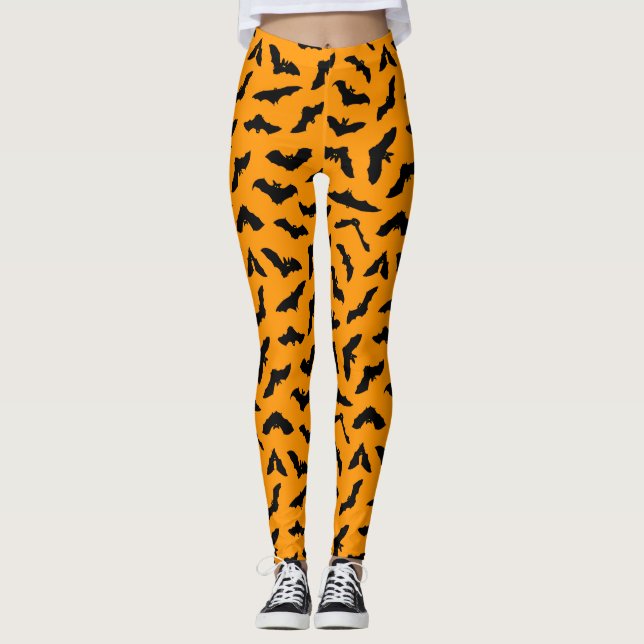 Cute Orange Flying Bats Pattern Halloween Leggings (Front)