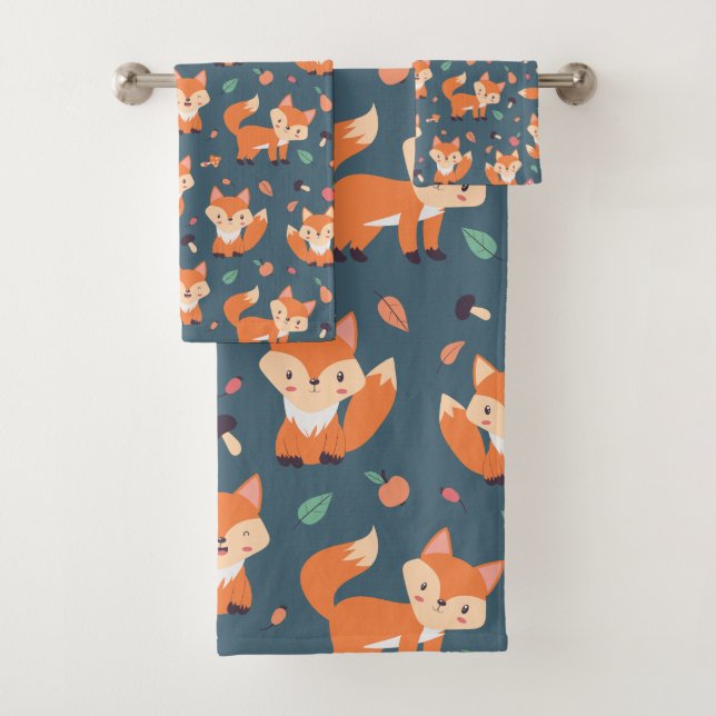 Cute Orange Fox Animal Pattern Bath Towel Set (Insitu)