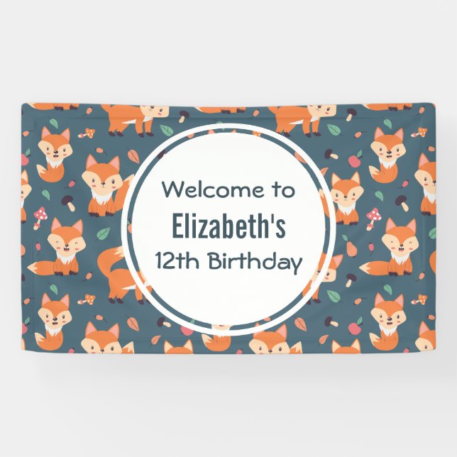 Cute Orange Fox Animal Pattern Birthday Banner (Horizontal)