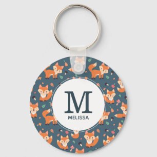 Cute Orange Fox Animal Pattern Monogram Key Ring