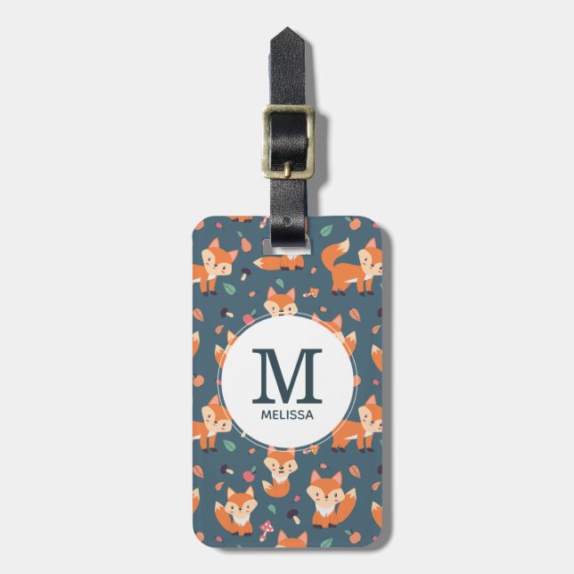 Cute Orange Fox Animal Pattern Monogram Luggage Tag (Front Vertical)