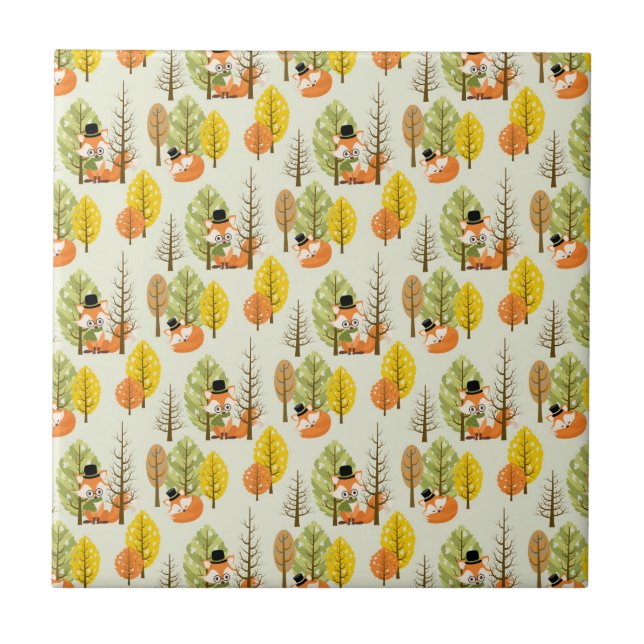 Cute Orange Fox Autumn Trees Forest Hipster Ceramic Tile (Front)