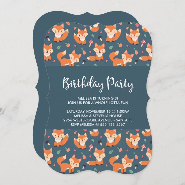 Cute Orange Fox Pattern Birthday Invitation (Front/Back)