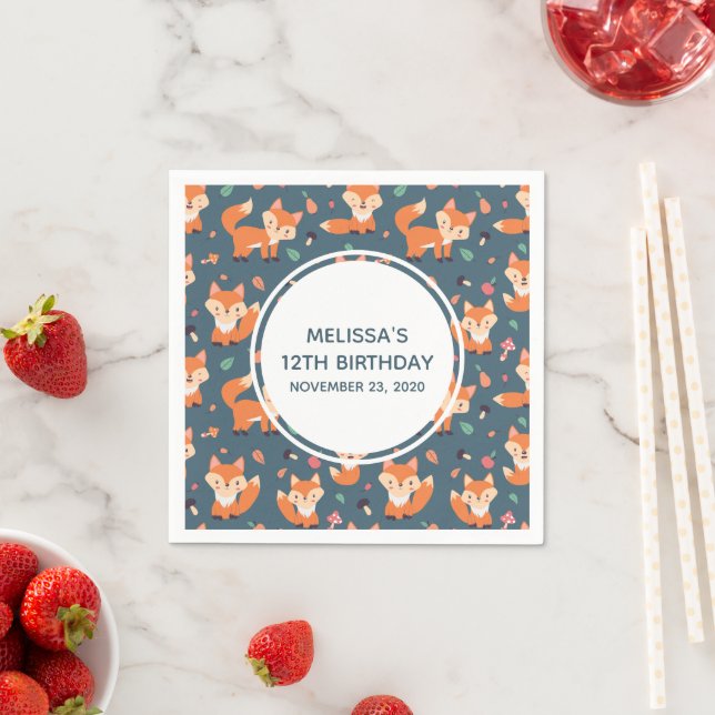 Cute Orange Fox Pattern Birthday Napkin (Insitu)