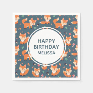 Cute Orange Fox Pattern Happy Birthday Napkin