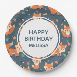 Cute Orange Fox Pattern Happy Birthday Paper Plate