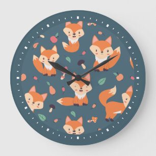 Cute Orange Fox Pattern Large Clock