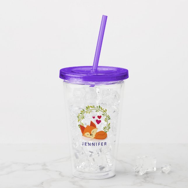Cute Orange Fox, Red Hearts and a Green Wreath Acrylic Tumbler (Back Ice)