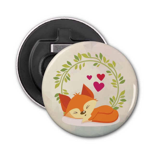 Cute Orange Fox, Red Hearts and a Green Wreath Bottle Opener (Front)