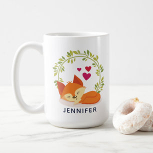 Cute Orange Fox, Red Hearts and a Green Wreath Coffee Mug