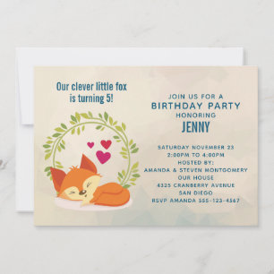 Cute Orange Fox, Red Hearts and Wreath Birthday Invitation