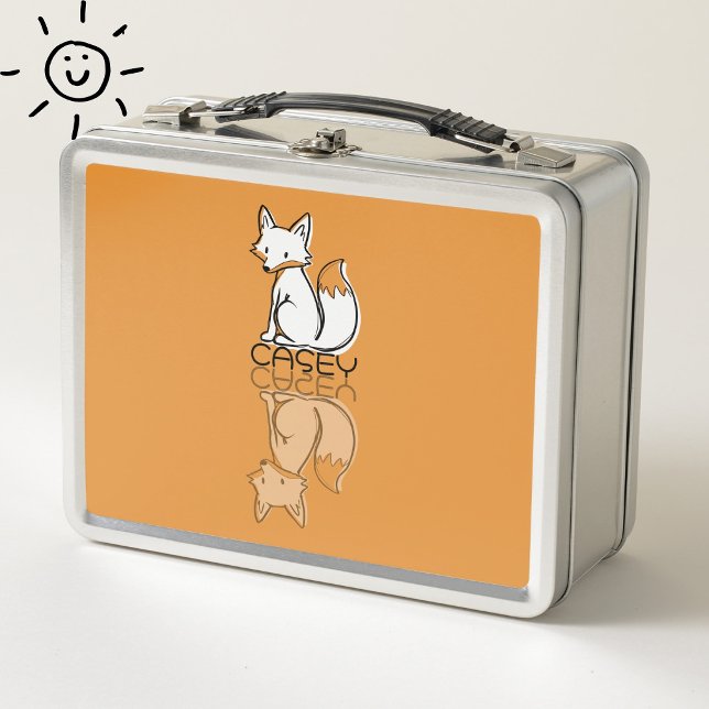 Cute Orange Fox Reflection Doodle Custom Name  Metal Lunch Box (Creator Uploaded)