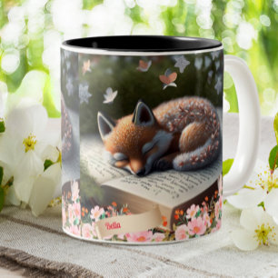 Cute Orange Fox sleeping on book personalized  Two-Tone Coffee Mug