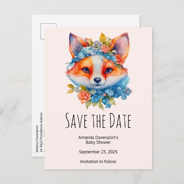Cute Orange Fox with Floral Crown Announcement Postcard (Front/Back)