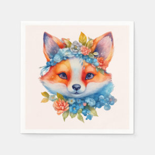 Cute Orange Fox with Floral Crown Birthday Napkin