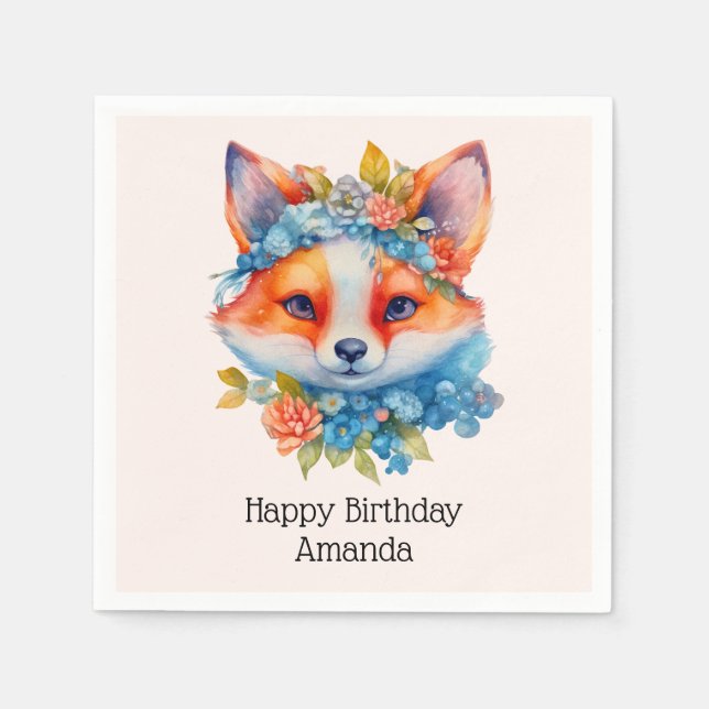 Cute Orange Fox with Floral Crown Birthday Napkin (Front)