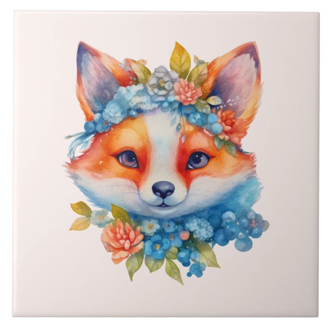 Cute Orange Fox with Floral Crown Ceramic Tile (Front)