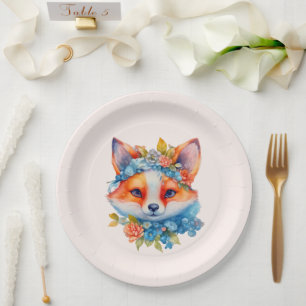 Cute Orange Fox with Floral Crown Paper Plate