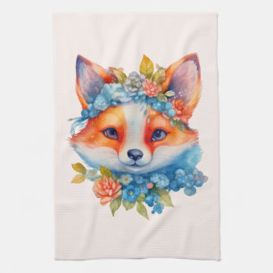 Cute Orange Fox with Floral Crown Tea Towel