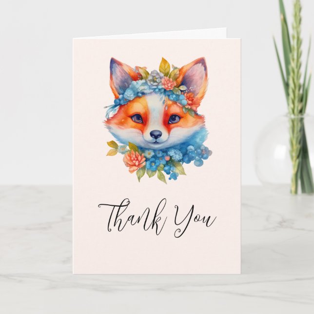 Cute Orange Fox with Floral Crown Thank You Card (Front)