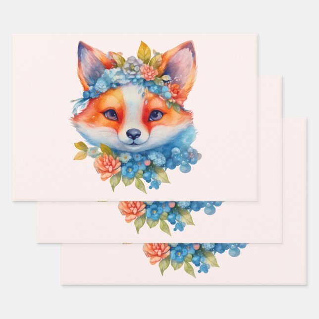 Cute Orange Fox with Floral Crown Wrapping Paper Sheet (Set)