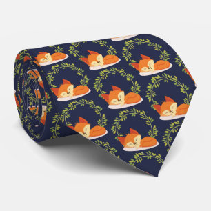 Cute Orange Fox with Foliage Wreath Pattern Tie