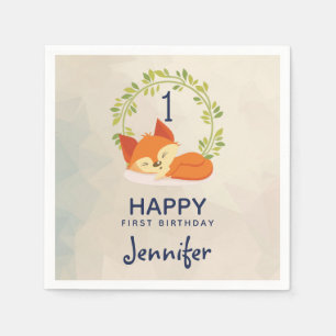 Cute Orange Fox with Green Leaves Wreath Birthday Napkin
