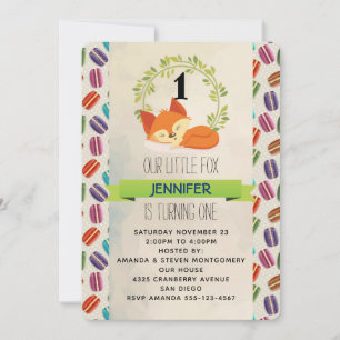 Cute Orange Fox with Green Wreath Birthday Invitation
