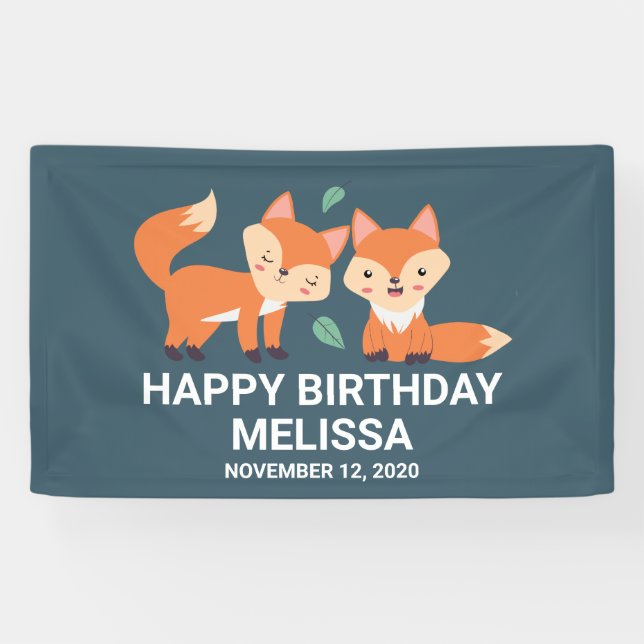 Cute Orange Foxes Graphic Illustration Birthday Banner (Horizontal)