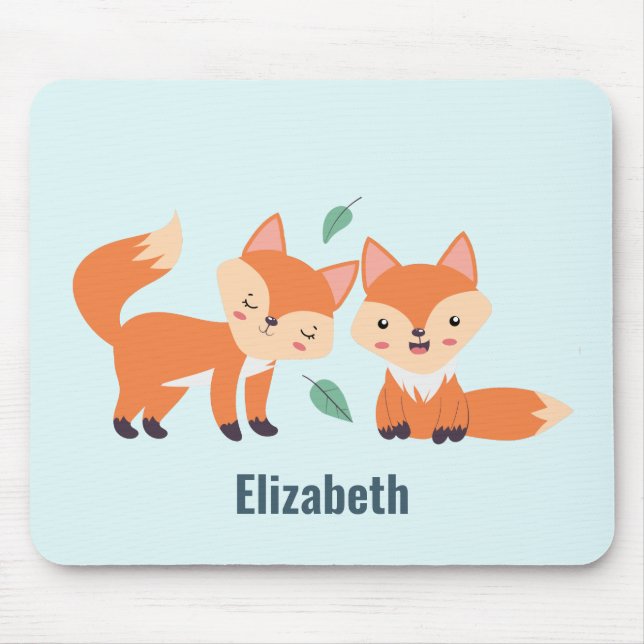 Cute Orange Foxes Graphic Illustration Mouse Pad (Front)