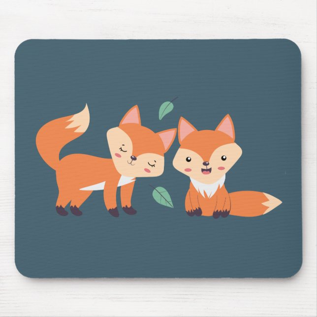 Cute Orange Foxes Graphic Illustration Mouse Pad (Front)