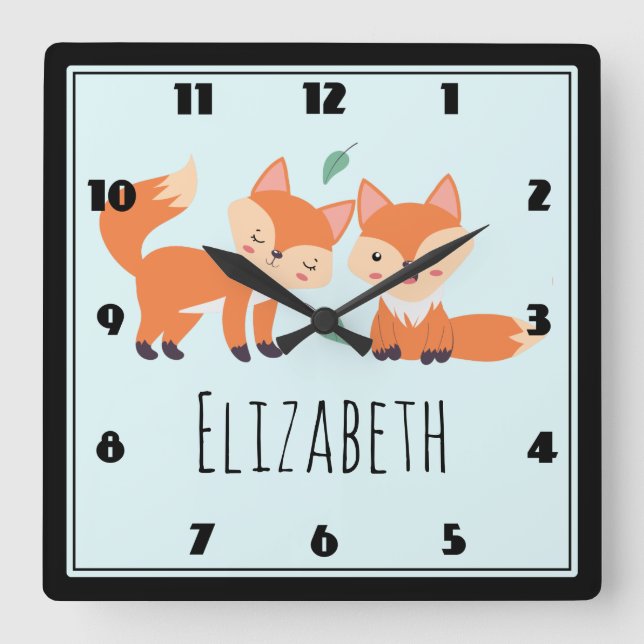 Cute Orange Foxes Graphic Illustration Square Wall Clock (Front)