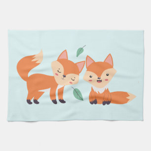 Cute Orange Foxes Graphic Illustration Tea Towel