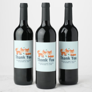 Cute Orange Foxes Graphic Illustration Thank You Wine Label