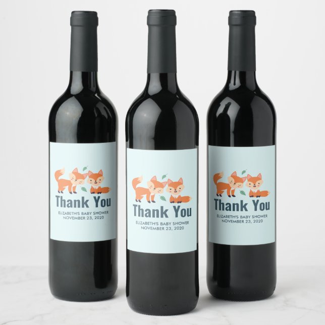 Cute Orange Foxes Graphic Illustration Thank You Wine Label (Bottles)