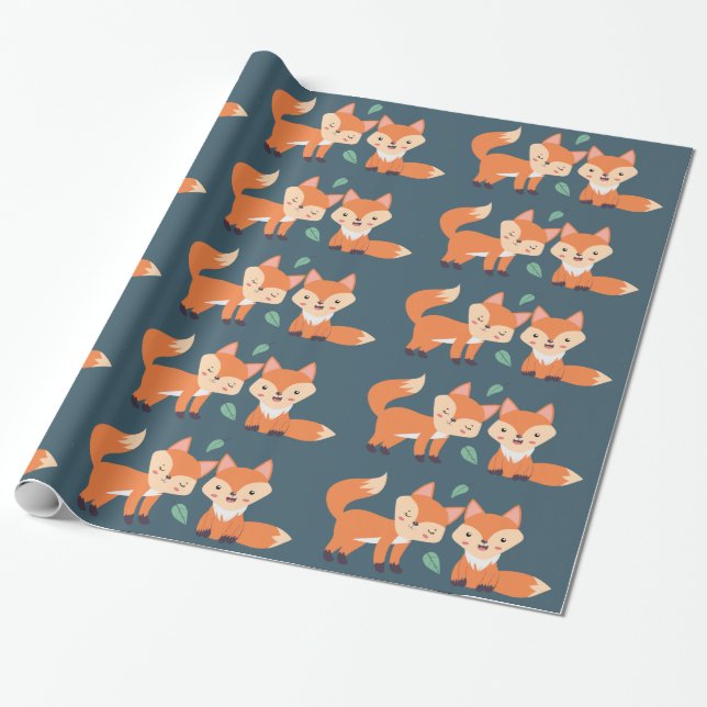 Cute Orange Foxes Graphic Illustration Wrapping Paper (Unrolled)