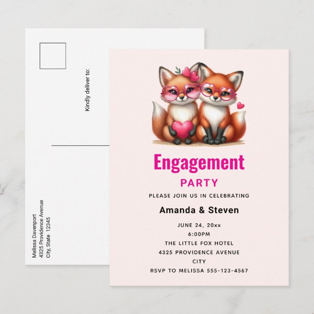 Cute Orange Foxes in Love Engagement Invitation Postcard (Front/Back)