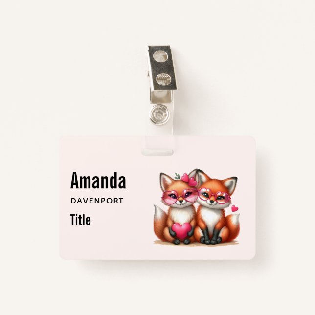 Cute Orange Foxes in Love ID Badge (Front with Clip)