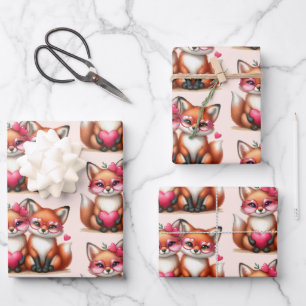 Cute Orange Foxes in Love Pattern Wrapping Paper Sheet