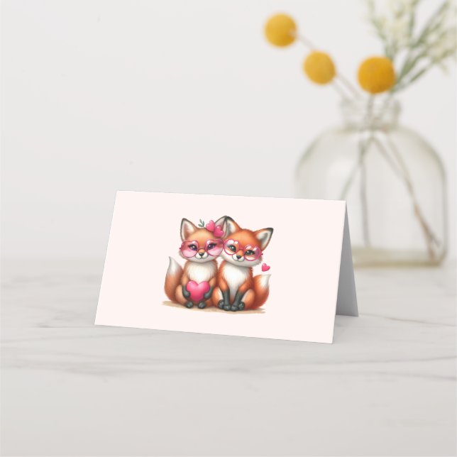 Cute Orange Foxes in Love Place Card (Front)