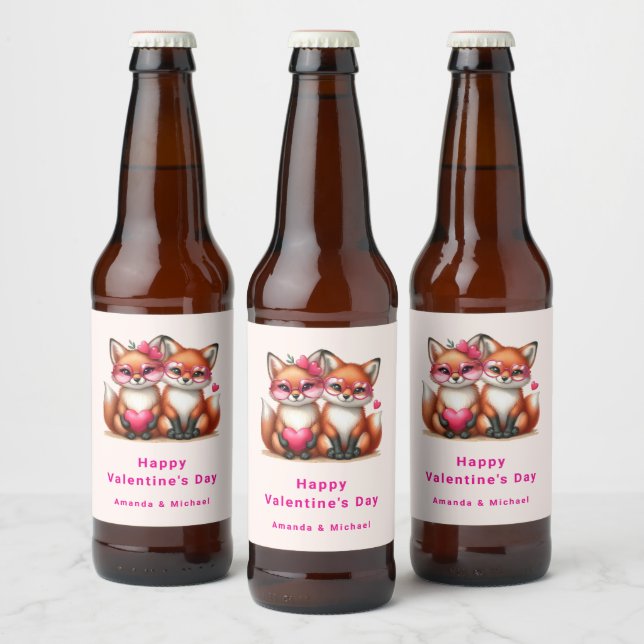 Cute Orange Foxes in Love Valentine's Day Beer Bottle Label (Bottles)