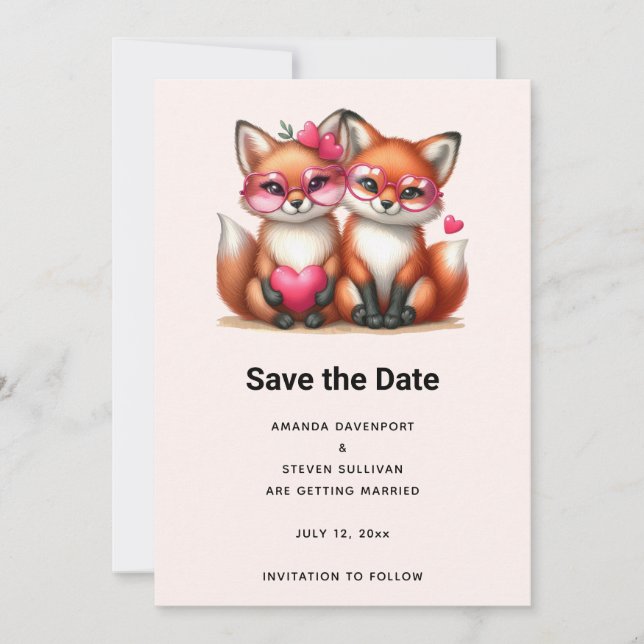 Cute Orange Foxes in Love Wedding Save The Date (Front)