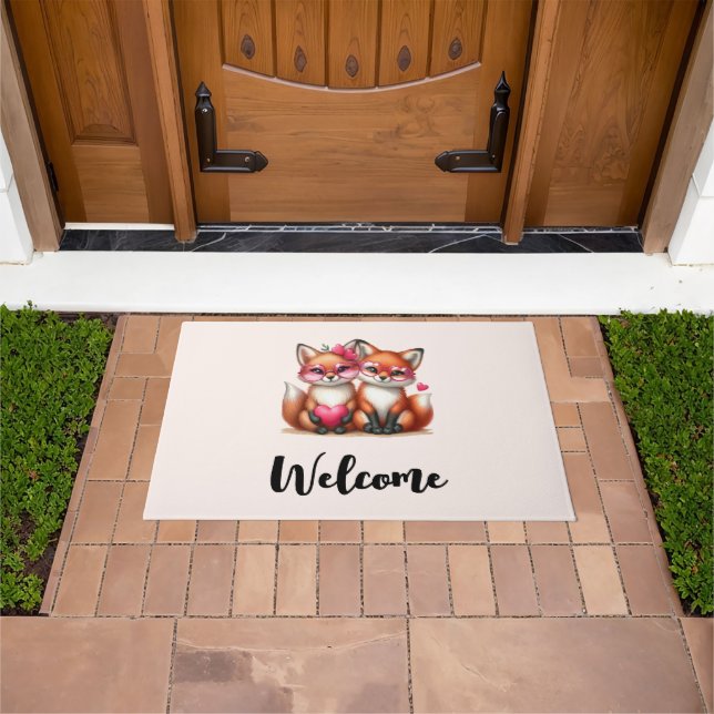 Cute Orange Foxes in Love Welcome Doormat (Outdoor)