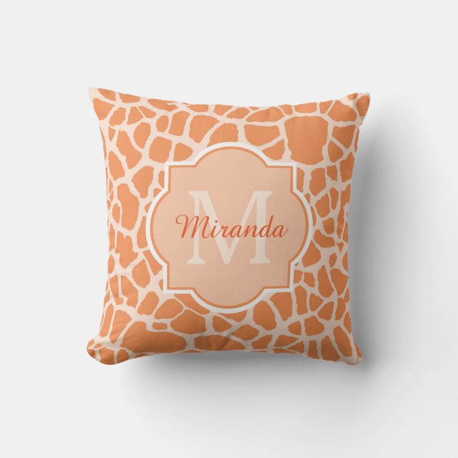 Cute Orange Giraffe Print Monogram and Name Cushion (Front)