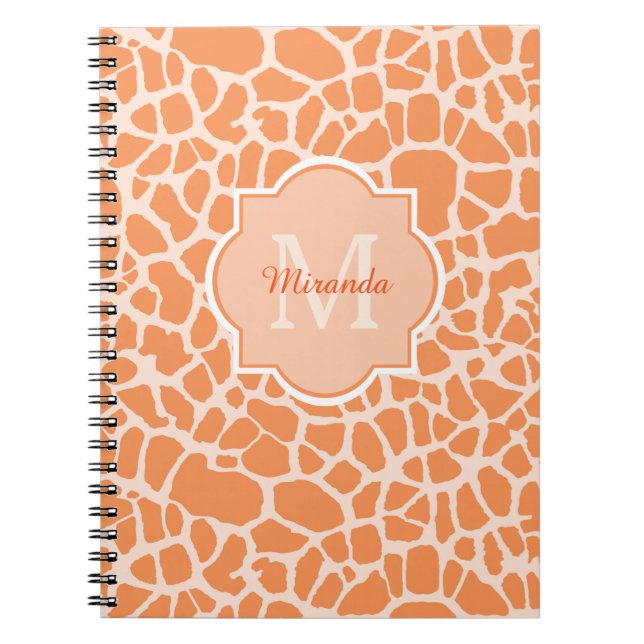 Cute Orange Giraffe Print Monogram and Name Notebook (Front)