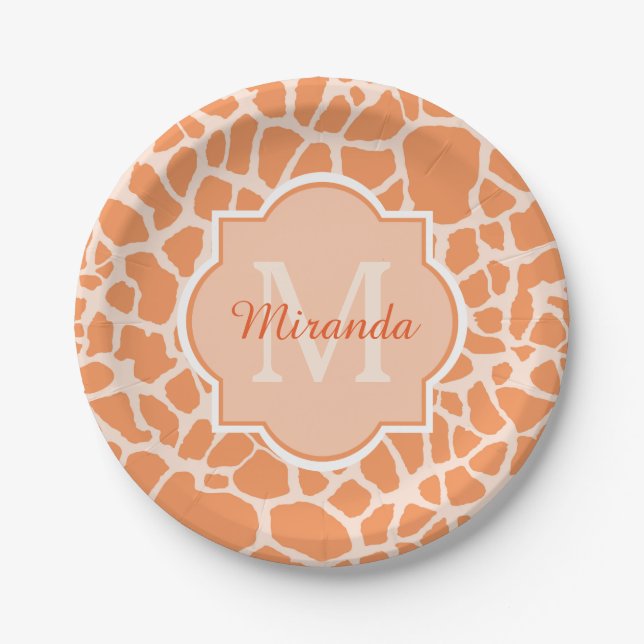 Cute Orange Giraffe Print Monogram and Name Paper Plate (Front)